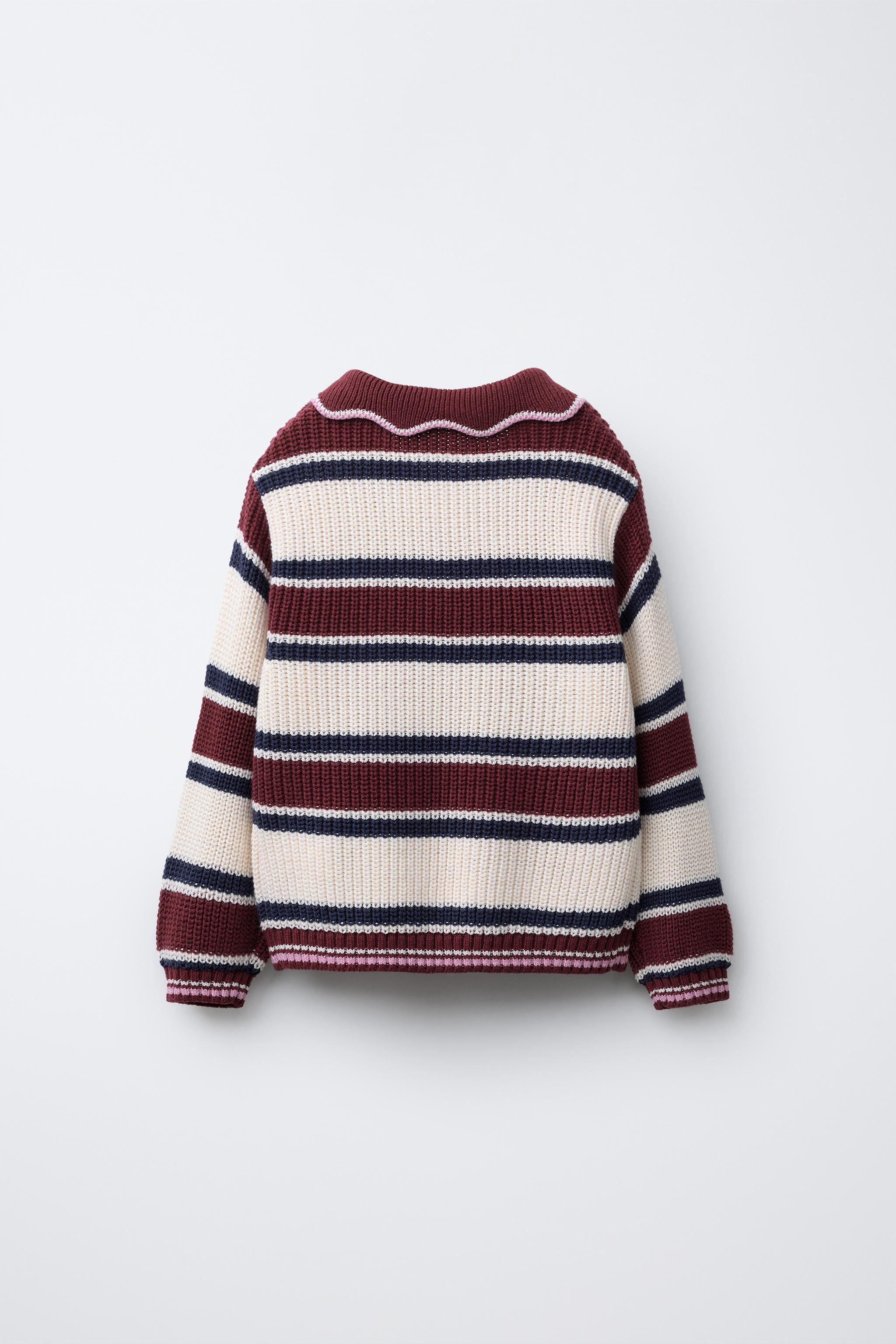 EMBROIDERED STRIPED KNIT POLO SWEATER - Burgundy | ZARA