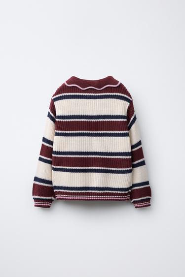 STRIPED EMBROIDERED KNIT POLO SWEATER - Burgundy by Zara - Image 1