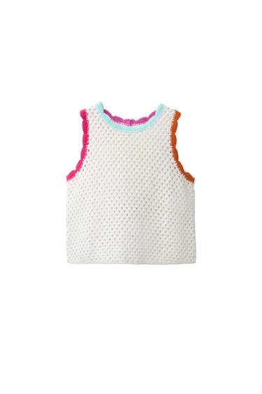 Zara CONTRAST CROCHET KNIT TOP - Ecru