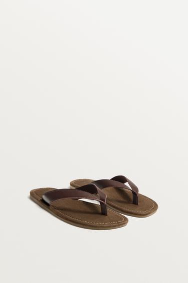 Zara LEATHER STRAP SANDALS - Brown
