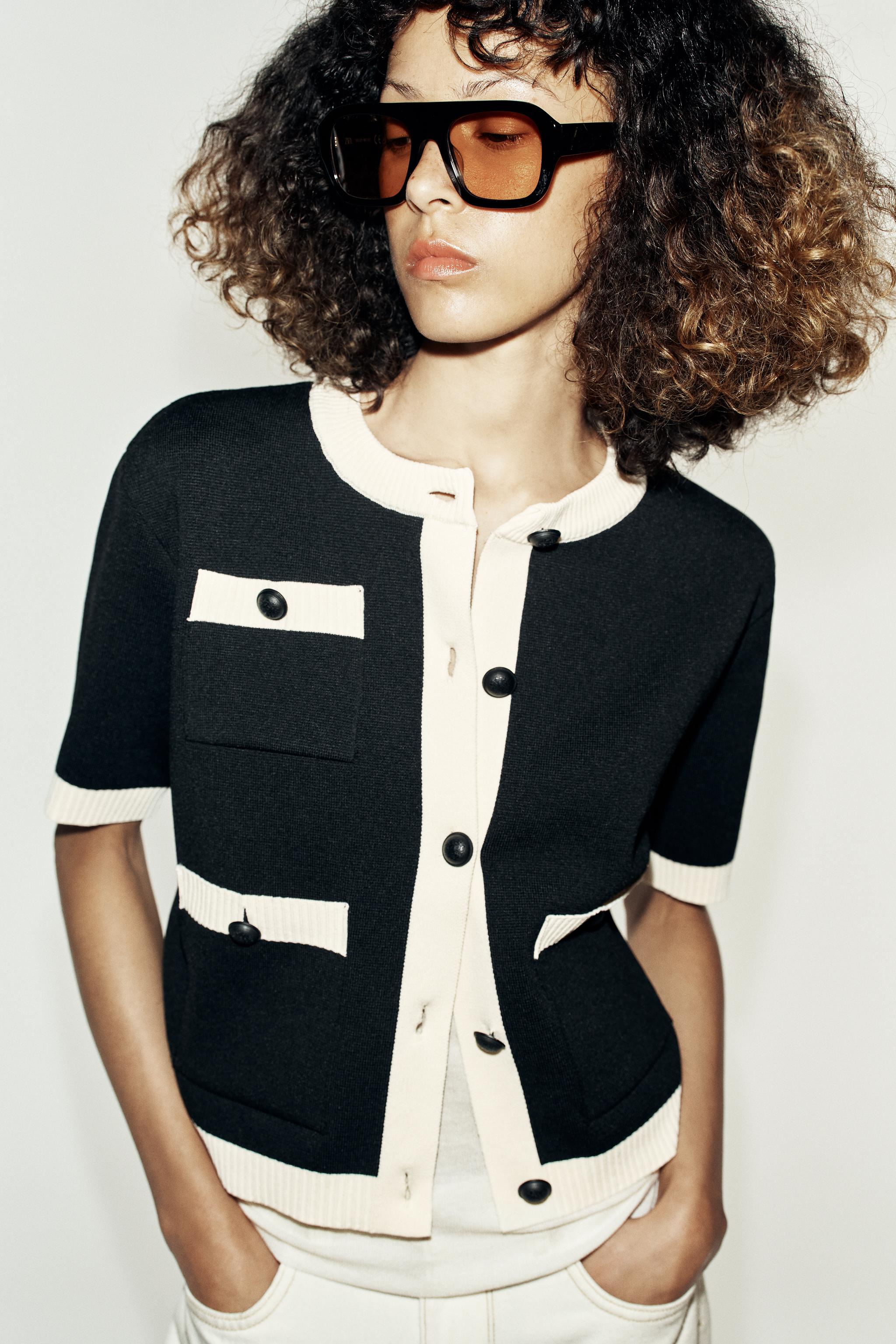 SHORT SLEEVE POCKET CARDIGAN — Black / White (alternate view)