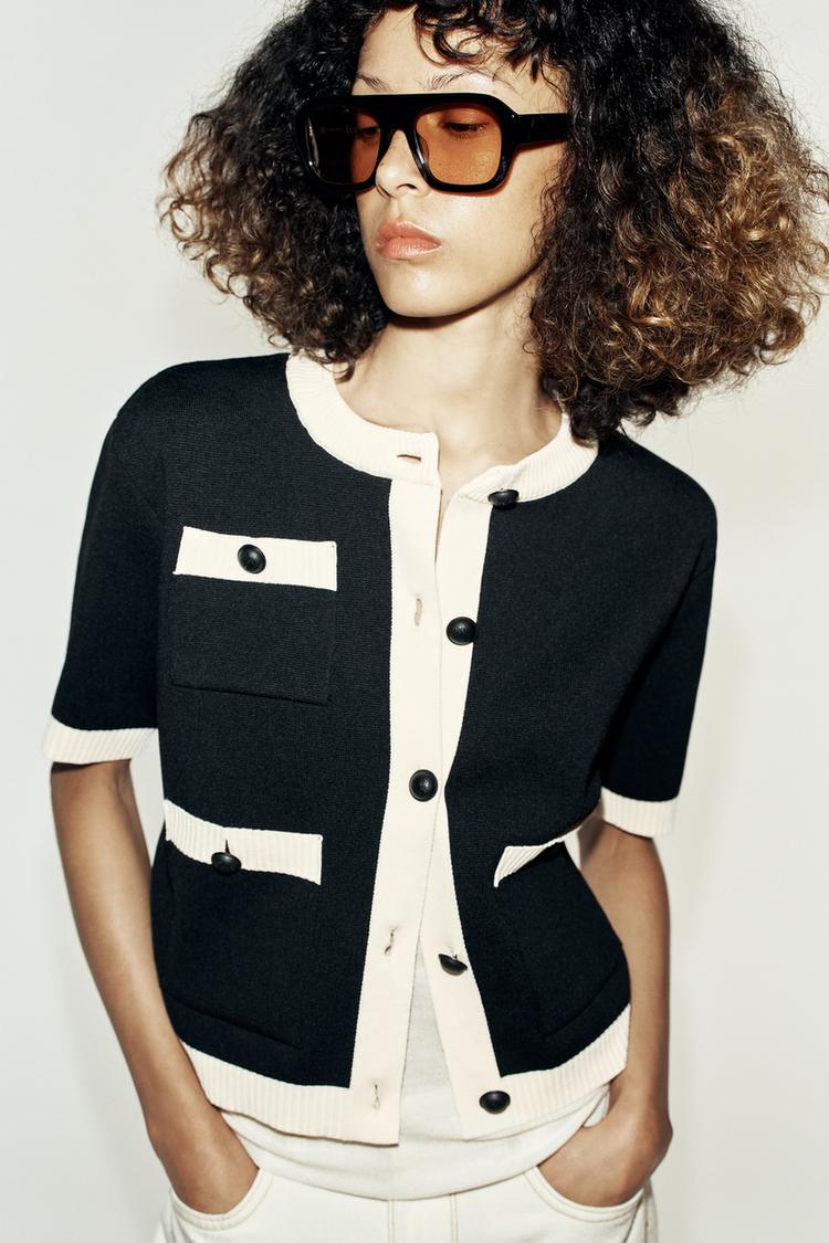 SHORT SLEEVE POCKET CARDIGAN — Black / White