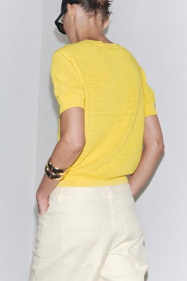 SHORT SLEEVE KNIT LINEN BLEND TOP - Yellow by Zara - Image 2