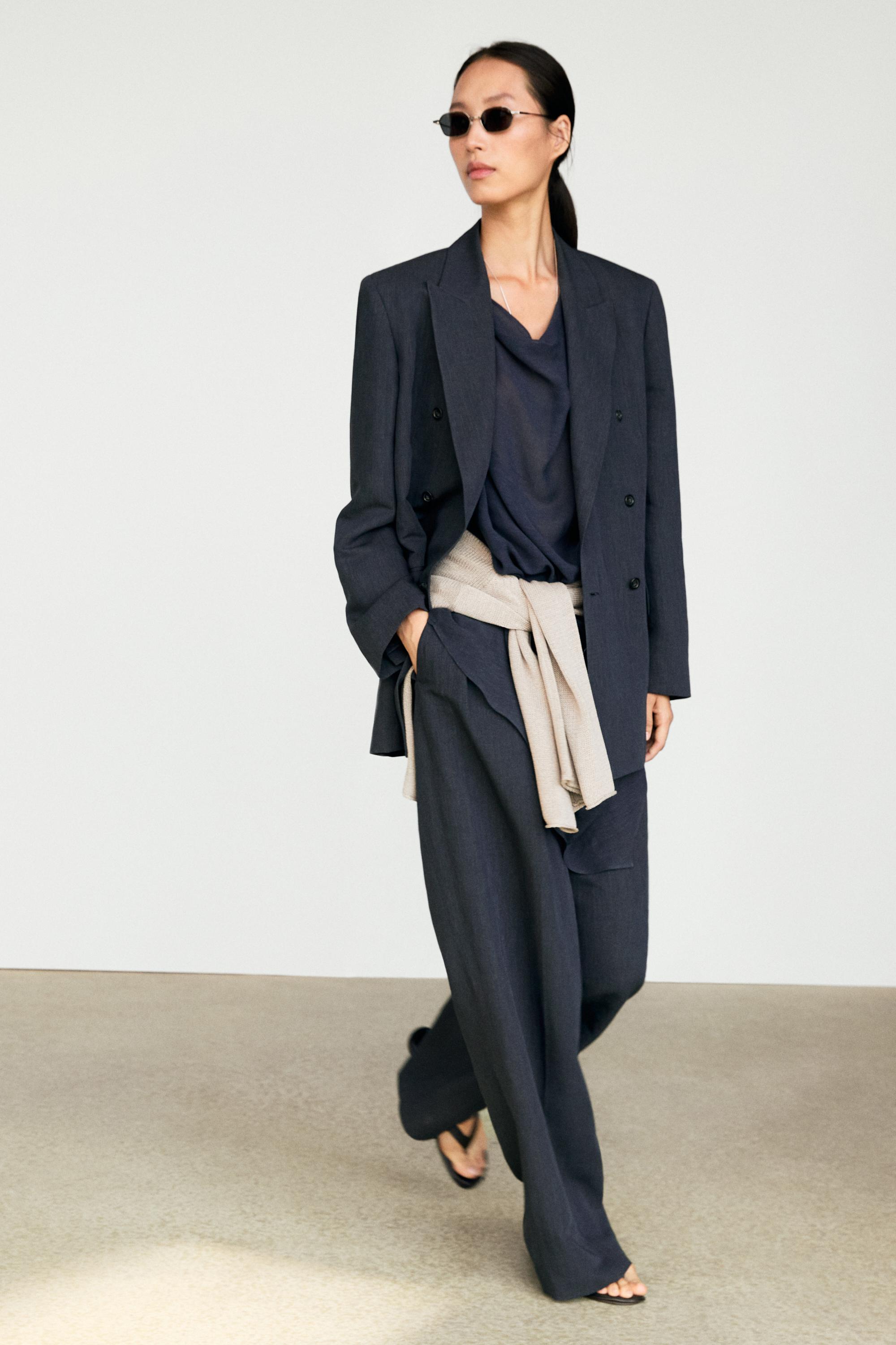 Melange linen blend double-breasted blazer — Navy blue