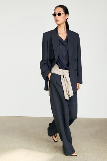 Blazer croisé en lin mélangé - Bleu marine de Zara