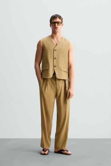 PANTALÓN TRAJE LINO - LYOCELL LIMITED EDITION - Ocre de Zara - Imagen 0
