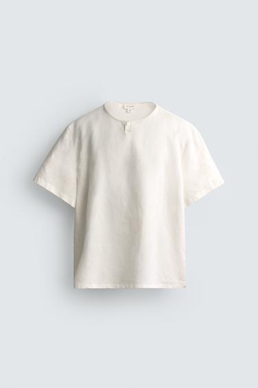 HEMP AND COTTON HENLEY SHIRT - Oyster-white by Zara