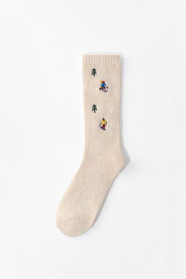 EMBROIDERED TALL SOCKS - Ecru by Zara