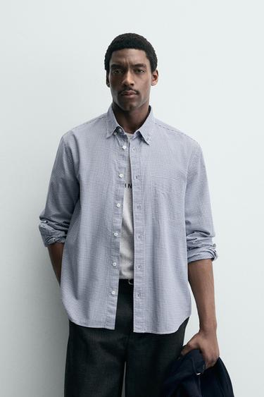 Zara 格紋紋理襯衫 - 海藍色 / 白色