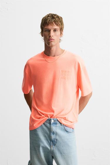 Zara EMBROIDERED TEXT T-SHIRT - Neon orange