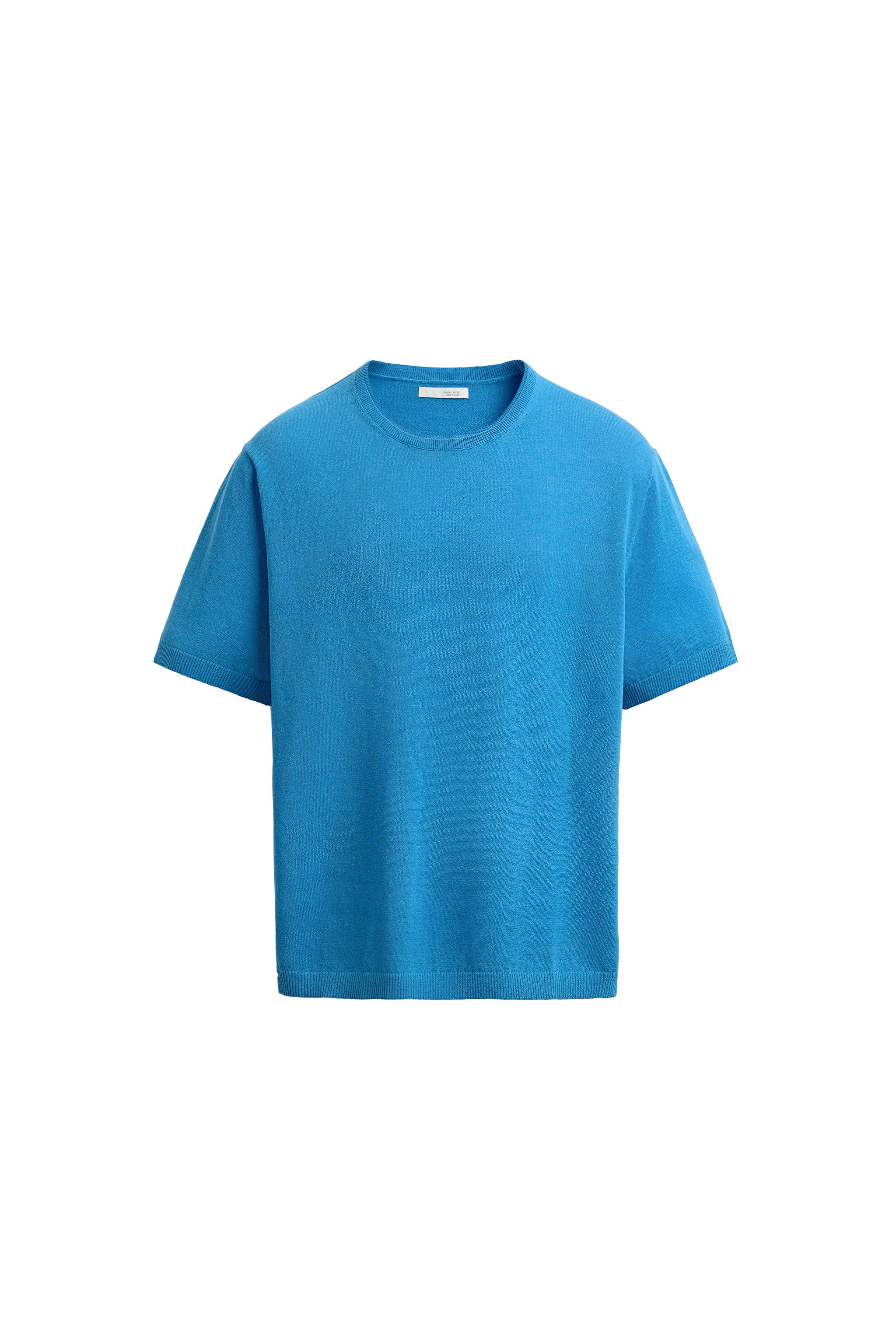 コットン&リネン混紡ニットTシャツ - ブルー | ZARA Japan / 日本