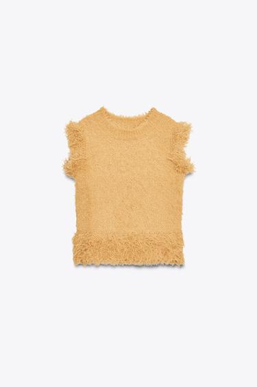 Zara FAUX FUR KNIT VEST - taupe brown