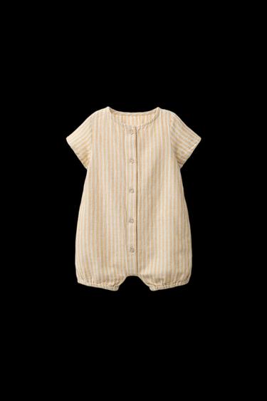 Zara COTTON AND LINEN STRIPED ROMPER - Ocher