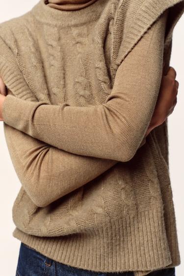 Zara CABLE KNIT VEST TOP - Light camel