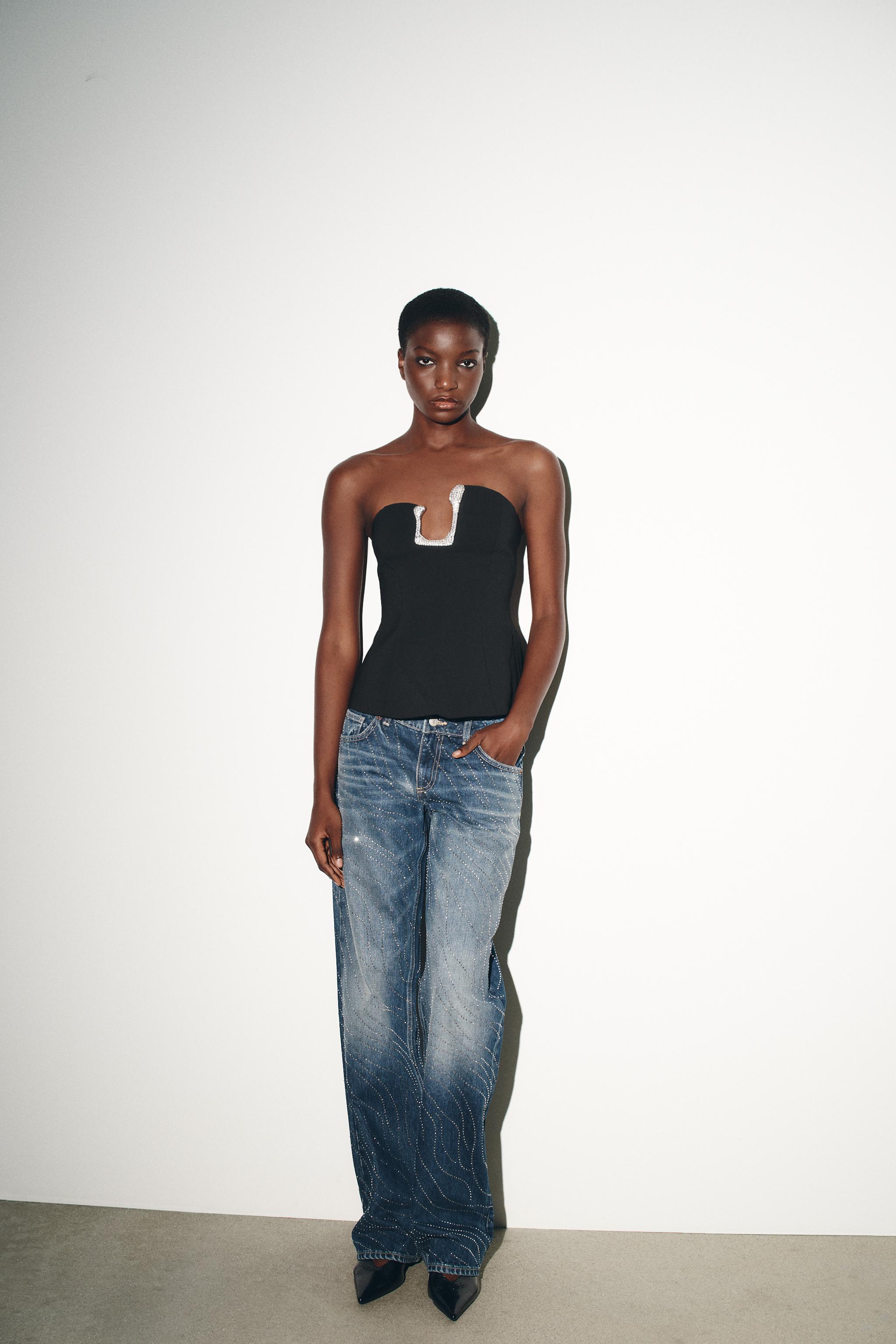 TRF ローライズストラスワイドレッグデニムパンツ - ブルー