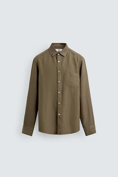 Zara REGULAR FIT LINEN - LYOCELL SHIRT - Khaki