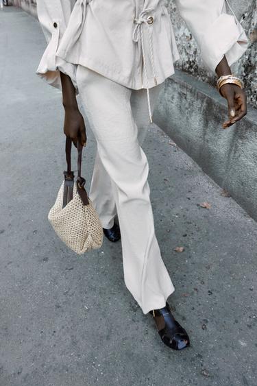 Zara WIDE LEG ELASTIC WAIST PANTS - Cream