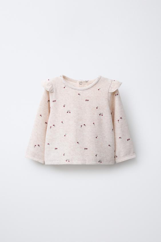 VELOUR FLORAL T-SHIRT - Light beige by Zara - Image 0