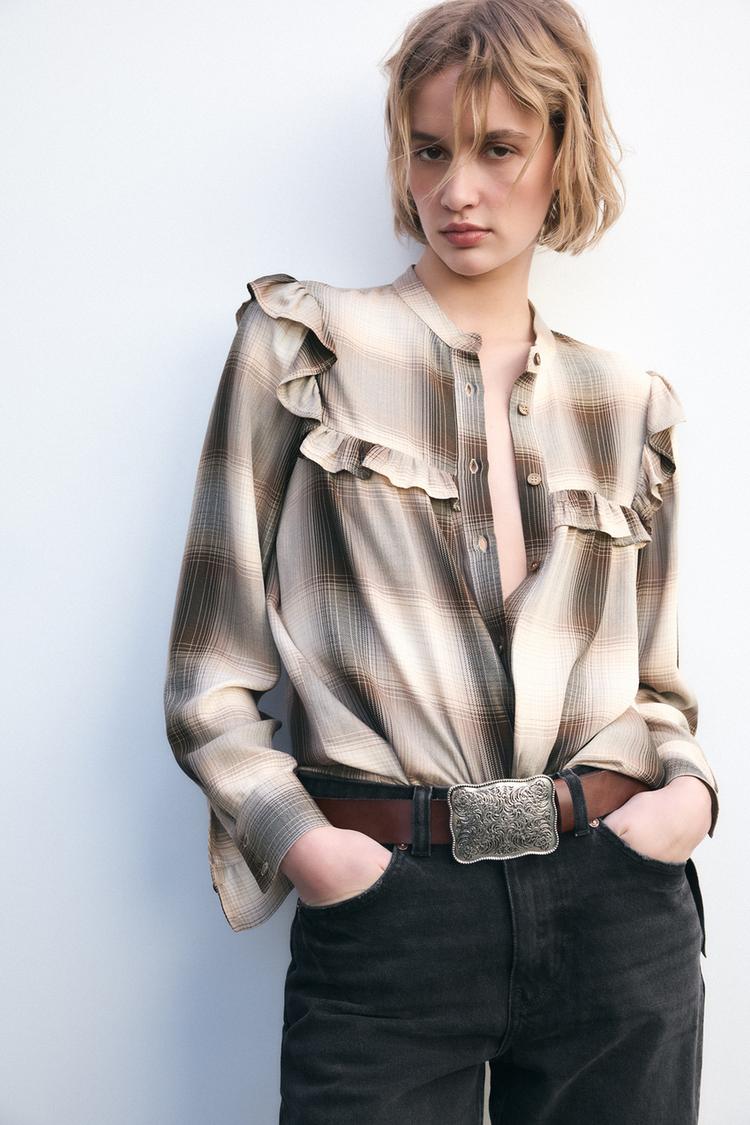 CAMISA CUADROS VOLANTES Tostado ZARA Chile
