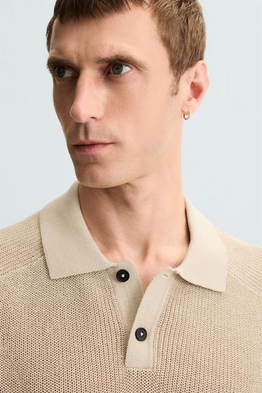 Zara TEXTURED KNIT POLO SHIRT - Beige