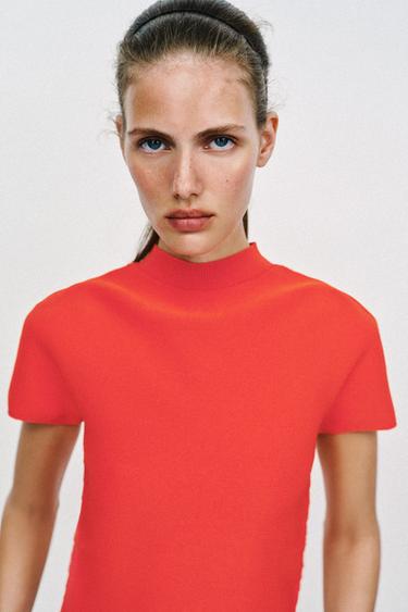 PUFF SLEEVE KNIT TOP - Red / Coral by Zara