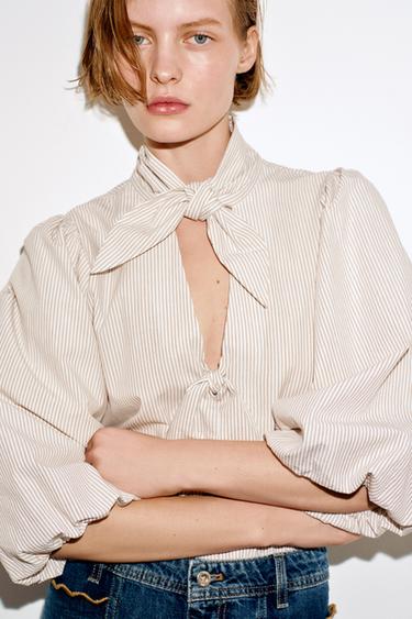 STRIPED BLOUSE WITH BOWS - brown/white by Zara