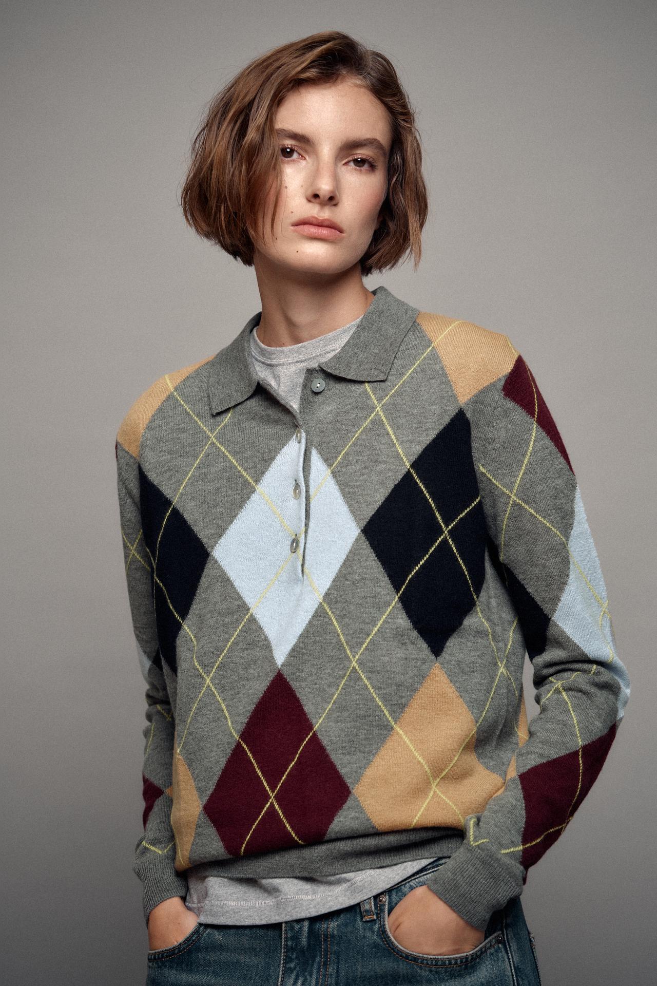 100% WOOL ARGYLE POLO JUMPER — Multicoloured