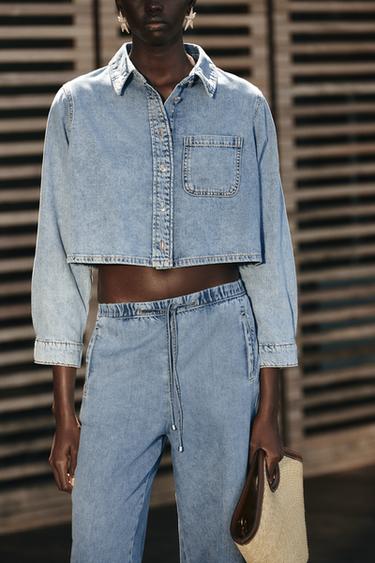 CROPPED DENIM SHIRT - Mid-blue by Zara