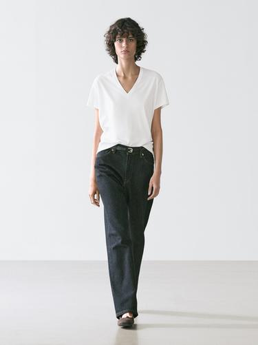 T-shirt 100 % coton à col en V - Blanc de Zara - Image 0