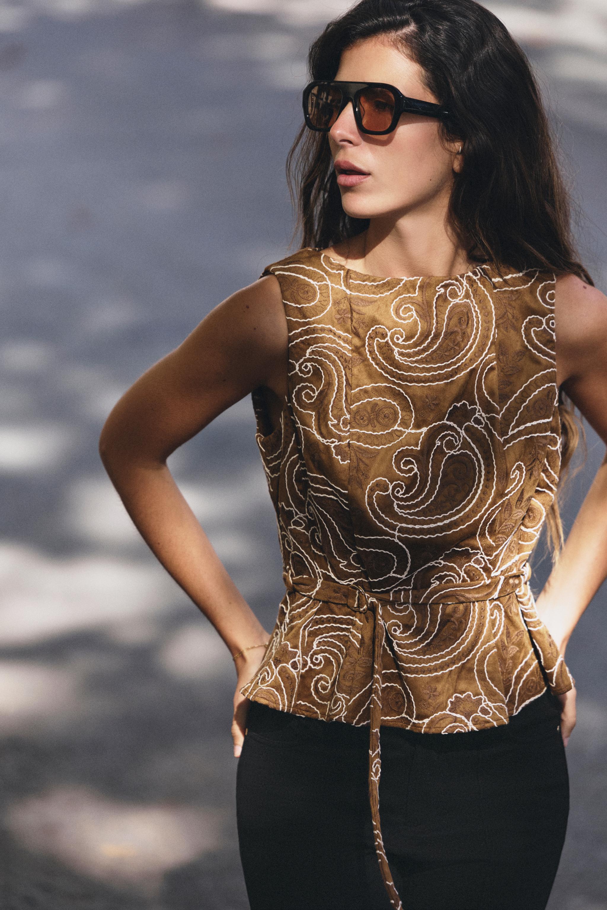 Embroidered Belted Top by Zara