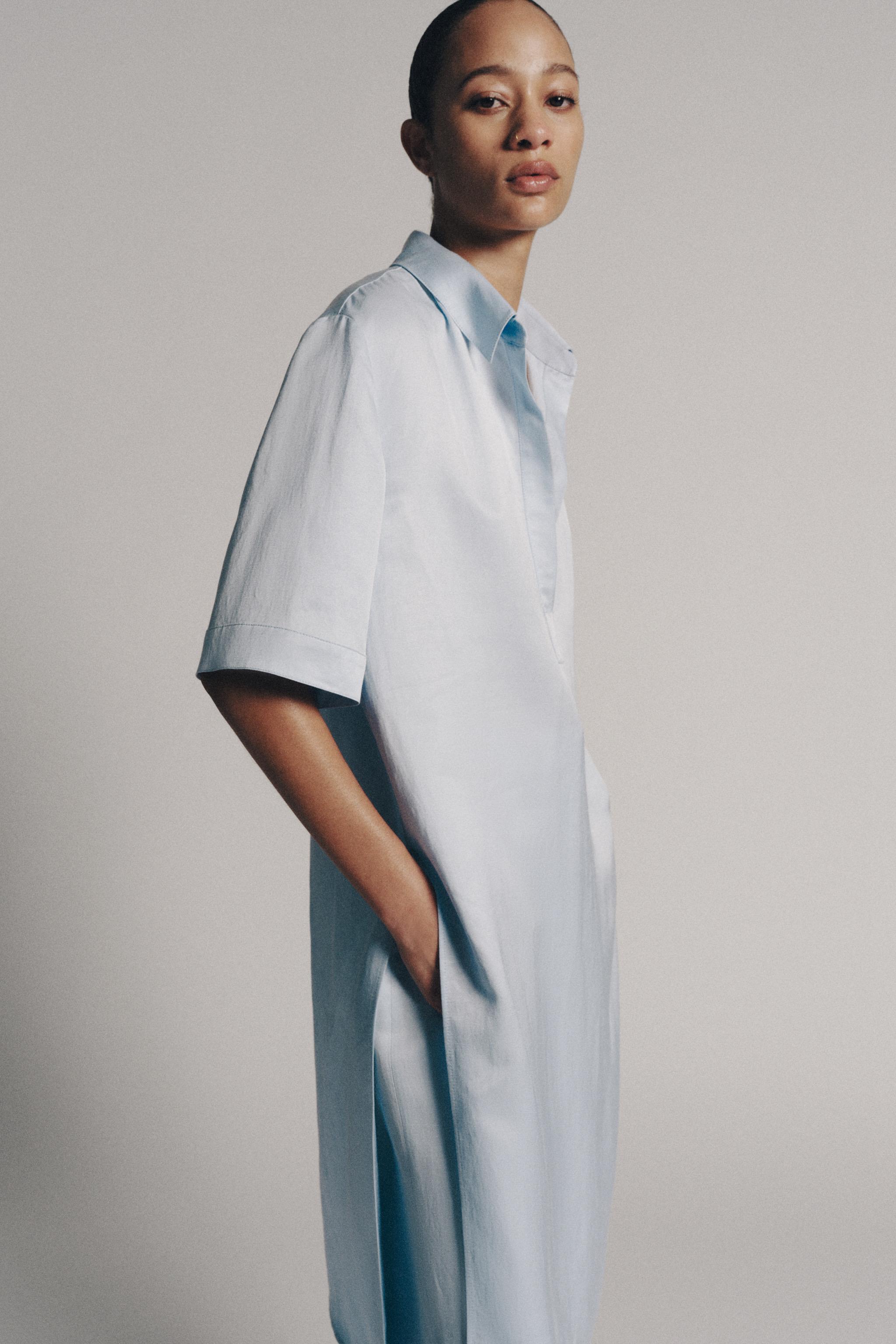 LINEN BLEND TUNIC SHIRT ZW COLLECTION — Light blue