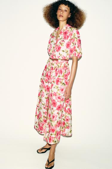 Zara BELTED FLORAL PRINT MIDI DRESS - Multicolored