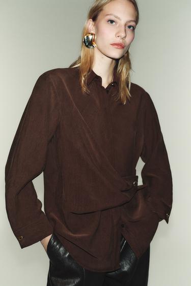 CROSSOVER SHIRT WITH GOLD BUTTON - Brown by Zara