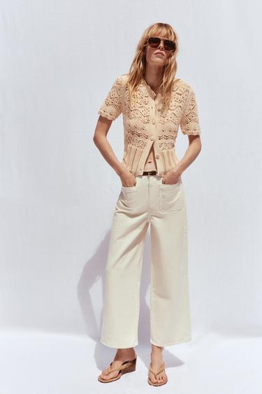 JEANS Z1975 WIDE LEG CROPPED CINTURA ALTA CINTURÃO - Cru da Zara