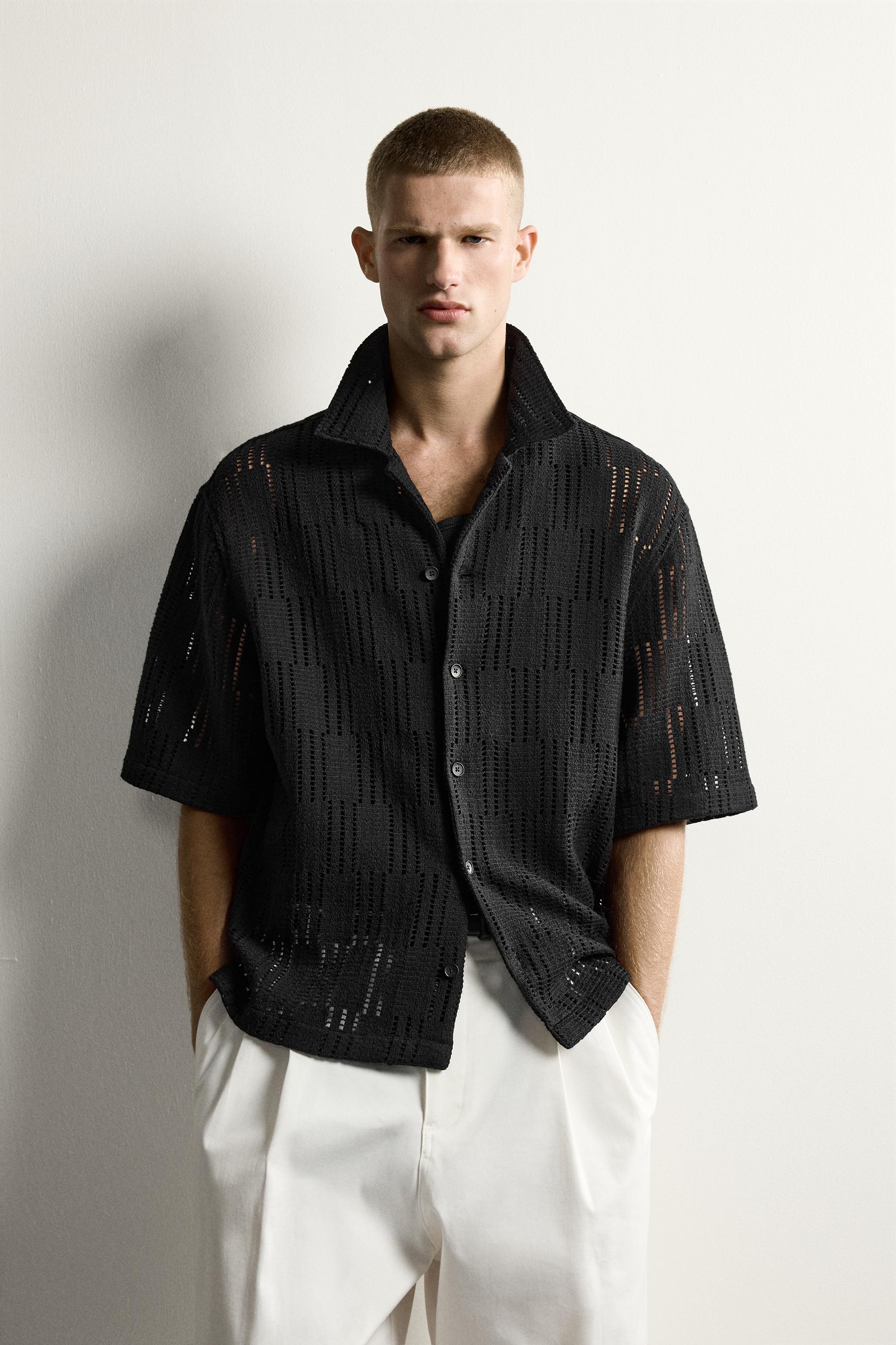 RELAXED FIT OPEN-WEAVE SHIRT — Black