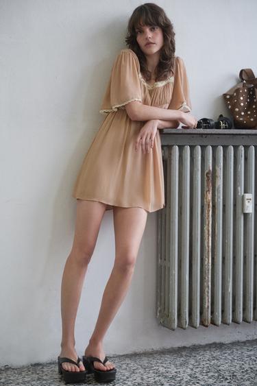 Zara CONTRAST LACE COMBINATION DRESS - Pale pink