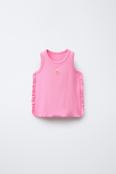 CAMISETA RIB VOLANTES BORDADO - Fucsia de Zara
