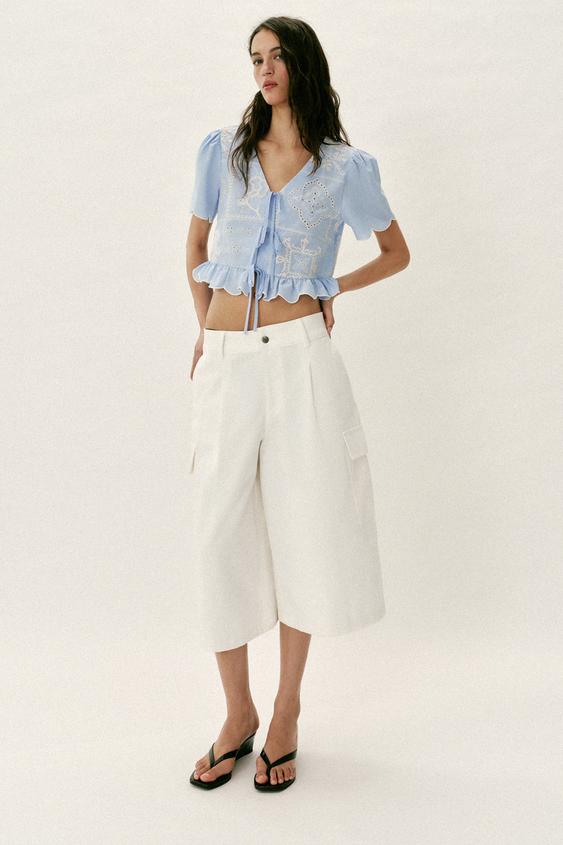 PERFORATED EMBROIDERED TIE BLOUSE from Zara - $49.90