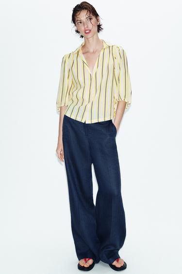 CAMISA CON LINO MANGA ABULLONADA - Multicolor de Zara