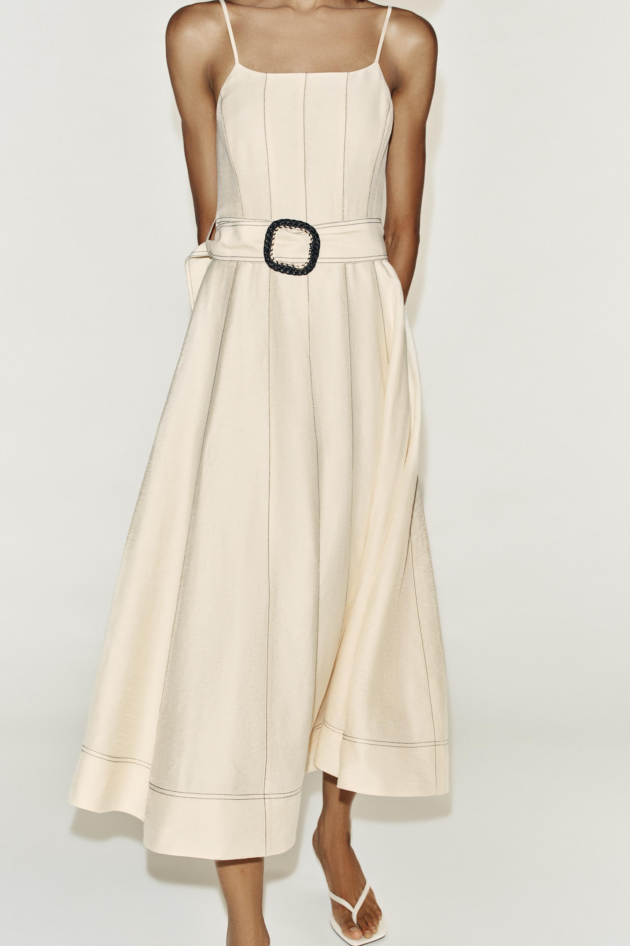 LINEN MIDI DRESS WITH CONTRAST STITCHING AND BELT