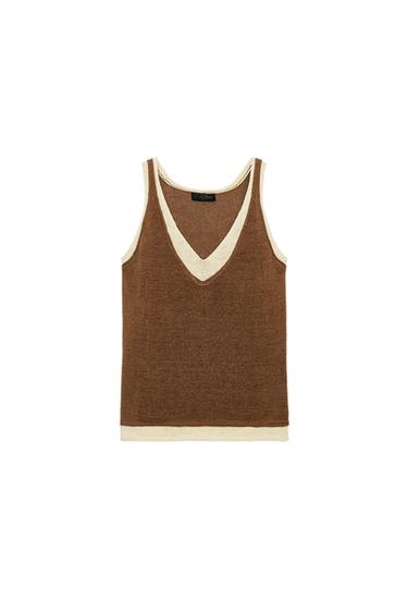 КОМБИНИРОВАННЫЙ ТРИКОТАЖНЫЙ ТОП — Коричневый / Цвет небеленого полотна от Zara