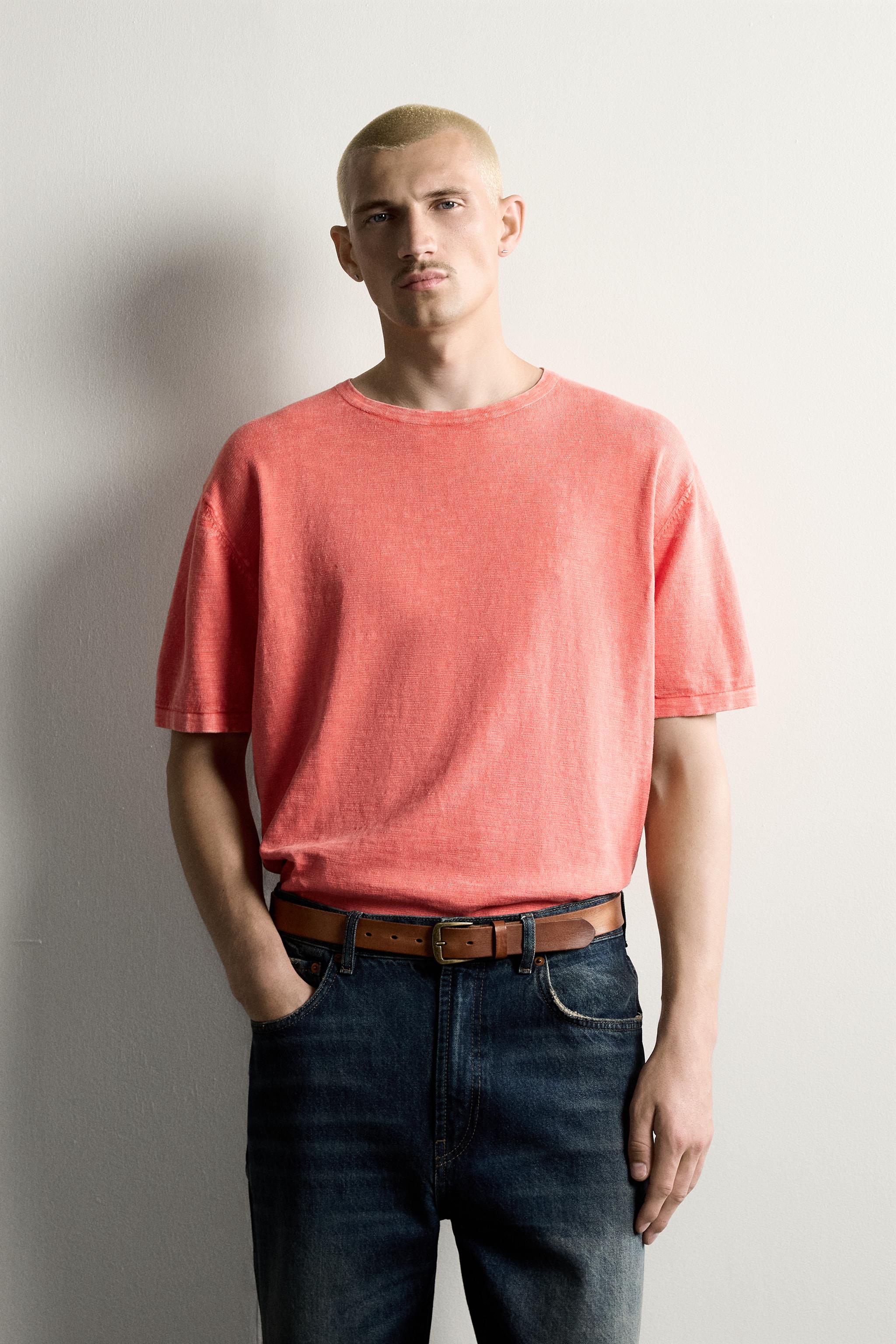 IRREGULAR TEXTURE KNIT T-SHIRT — Coral