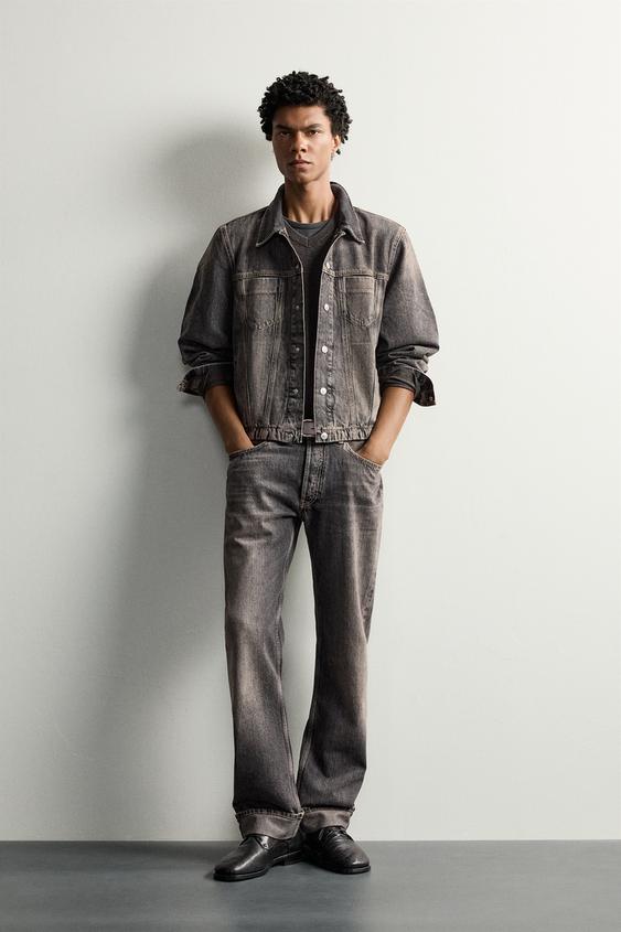 Zara 拼接翻邊直筒牛仔褲 - 深灰色 - 圖片 0