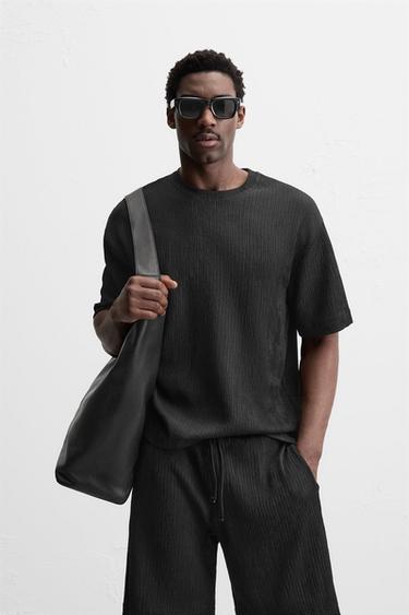 Zara TEXTURED JACQUARD T-SHIRT - Black
