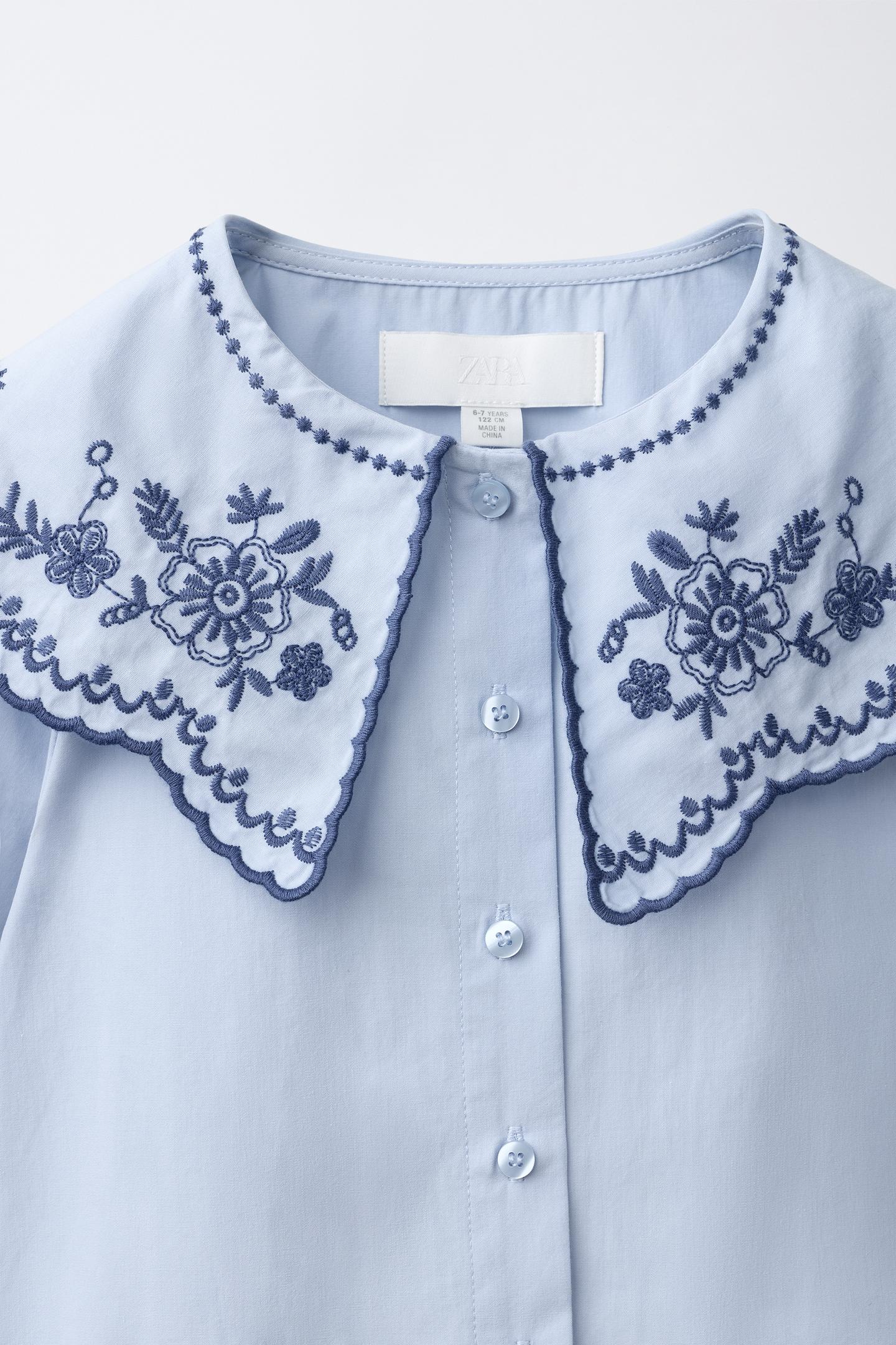 Детская рубашка Zara Embroidered Peter Pan Collar, цвет: Светлый синий — фото 3