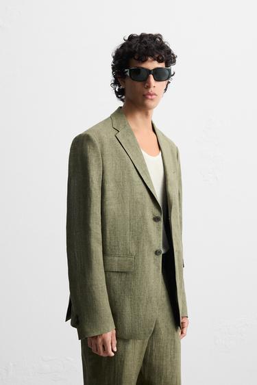 Zara 100% LINEN SUIT BLAZER - Dark khaki