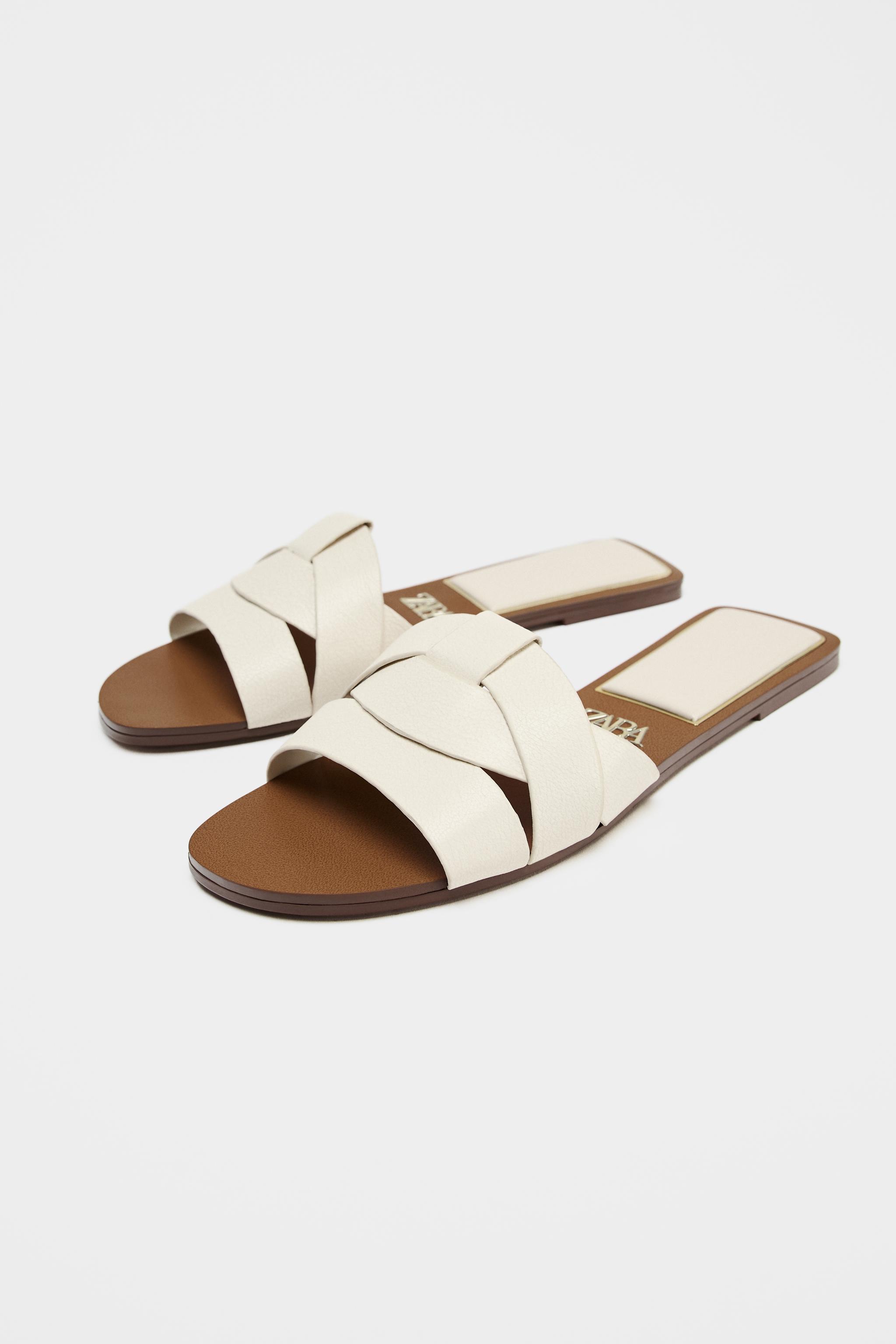 FLAT CRISS-CROSS LEATHER SLIDER SANDALS - White | ZARA India