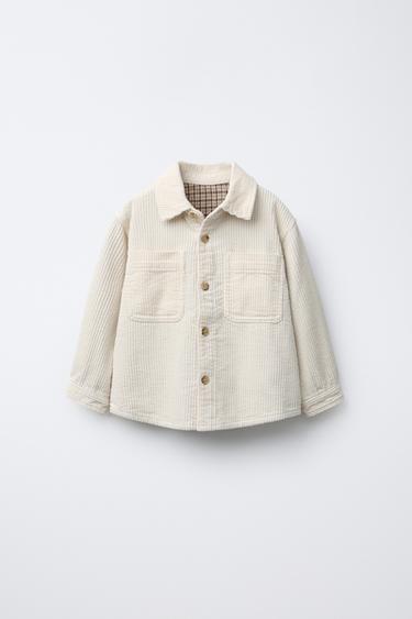 Zara PLAID LINED CORDUROY OVERSHIRT - Ecru