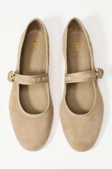 Zara SUEDE STRAP BALLET FLATS - Sandy Brown