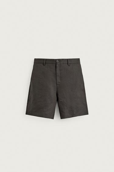 Zara 100% LINEN REGULAR-FIT BERMUDA SHORTS - Brown